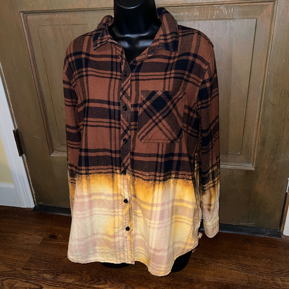 GAP Brown & Black Stripe Cream Ombre Button Up Flannel Long Sleeve Shirt Size L - Picture 6 of 13